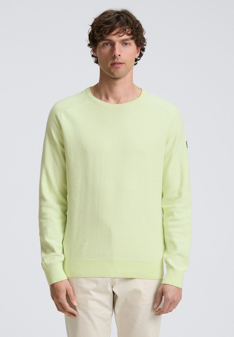 Lichtgroene sweater met ronde hals, gemaakt van een zachte, gestructureerde stof. Voorzien van geribbelde manchetten en zoom, met een klein logo op de linkermouw.