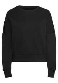 Sweat-shirt noir à manches longues avec col rond, poignets et ourlet côtelés, avec un petit logo Adidas ton sur ton sur la poitrine.