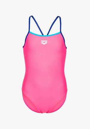 Pinkfarbiger Einteiler mit dünnen dunkelblauen Trägern und hellblauer Einfassung, mit weißem Arena-Logo auf der Brust.