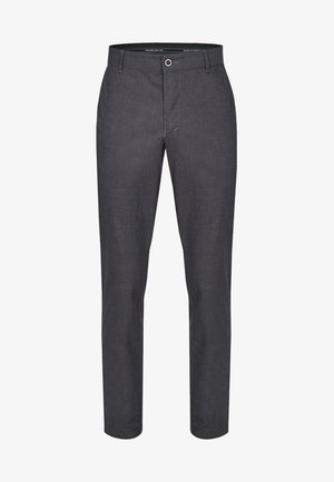 Dunkelgraue, gerade geschnittene Hose aus strukturierter Stoff. Mit einem Knopfverschluss und Gürtelschlaufen. Keine sichtbaren Taschen.