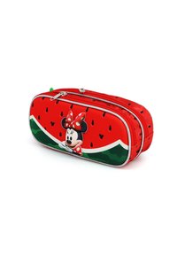 Estuche de lápices con patrón de sandía roja y cremalleras plateadas, que presenta un gráfico de un personaje con un lazo de lunares en la parte frontal.