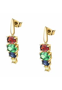 Orecchini in tono oro con cinque gemme ovali: rosso, verde, blu e giallo, disposti in un design verticale con una texture liscia.