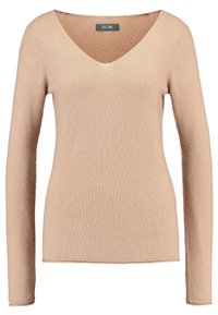 Maglione beige a maniche lunghe con scollo a V. Realizzato in un morbido tessuto testurizzato; forma aderente con polsini e orlo a coste. Logo del brand visibile.