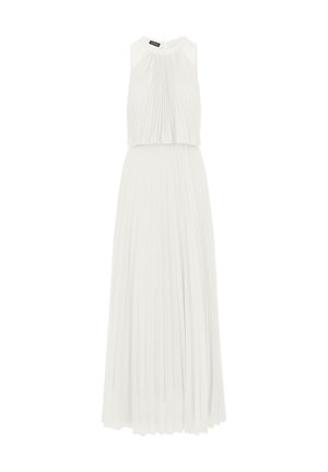 Pleated white maxi dress with a sleeveless design and round neckline. Soft fabric, flowing silhouette, and a subtle back zipper closure.