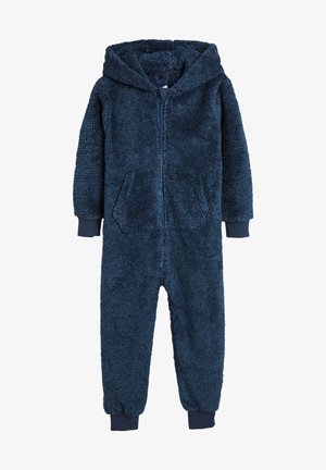 Marineblauw, fluwelen eendelige jumpsuit met capuchon, lange mouwen, ritssluiting aan de voorkant, twee zakken en elastische manchetten bij polsen en enkels.
