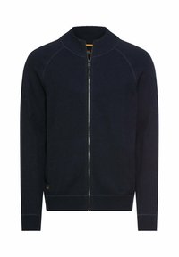 Marineblauer Strickpullover mit Reißverschluss, hohem Kragen, gerippten Bündchen und Saum. Verfügt über eine glatte Strickstruktur und kontrastierenden Reißverschluss.