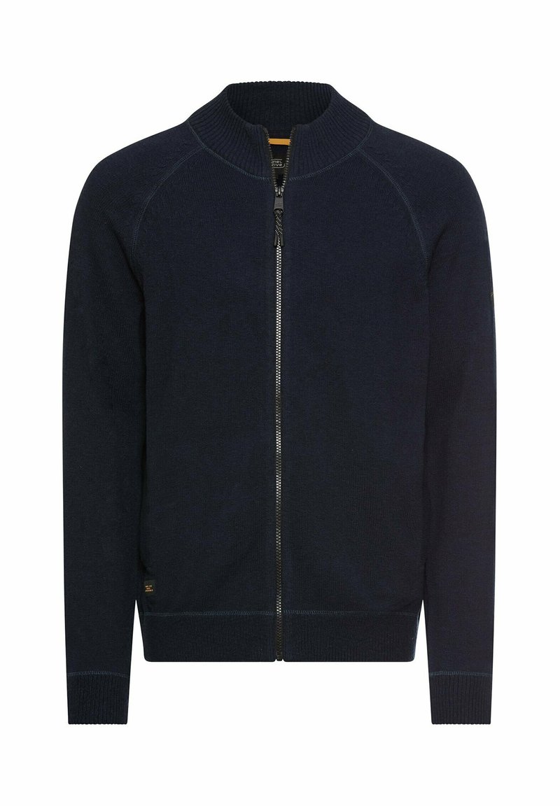 Marineblauer Strickpullover mit Reißverschluss, hohem Kragen, gerippten Bündchen und Saum. Verfügt über eine glatte Strickstruktur und kontrastierenden Reißverschluss.