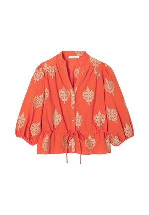 Blouse orange à motifs floraux beige, manches bouffantes 3/4, boutonnée à l'avant, taille avec cordon de serrage, et col mandarin.
