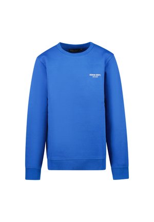 Blauwe crewneck sweatshirt van zacht materiaal. Heeft ribgebreide manchetten en onderrand, met een klein wit "DENIM DEPT." logo op de borst.
