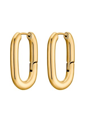 Paire de boucles d'oreilles ovales dorées brillantes avec fermoirs à charnière sur fond blanc.
