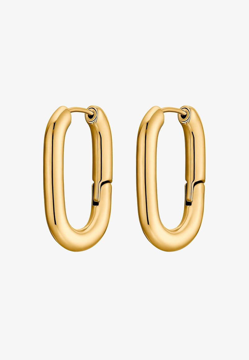 Paire de boucles d'oreilles ovales dorées brillantes avec fermoirs à charnière sur fond blanc.