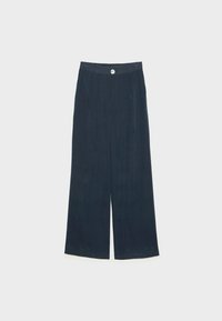 Laivastonsiniset leveälahkeiset housut, joissa on sileä kangas, edessä nappikiinnitys ja sivutaskut käytännöllisyyttä ja mukavuutta varten.