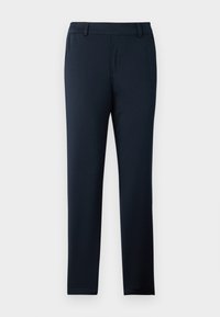 Mørkeblå bukser laget av et mykt, elastisk stoff. Har flat front, beltehemper og en smal, tilpasset ben-design.