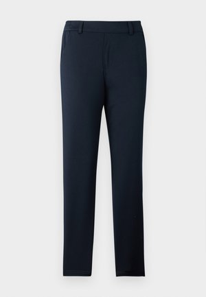 Mørkeblå bukser laget av et mykt, elastisk stoff. Har flat front, beltehemper og en smal, tilpasset ben-design.