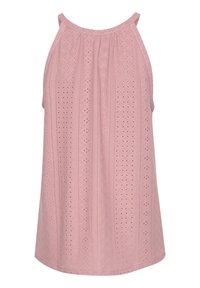 Abito senza maniche in pizzo rosa con scollo all'americana e dettagli a motivo testurizzato su tutta la stoffa.