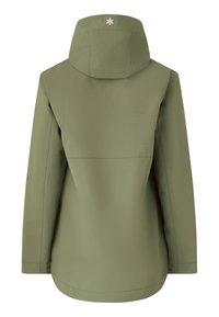Chaqueta impermeable verde con capucha, con un diseño de espalda plana y detalles de costura sutiles. Estilo minimalista sin herrajes visibles.