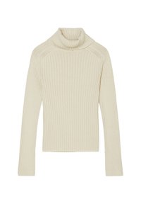 Kremasti roll neck pulover u rebrastoj pletenini, s dugim rukavima i prilagođenim siluetom, s visokim, tijesnim ovratnikom.