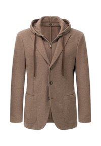 Brązowy żakiet z mieszanki wełny z kapturem, z zapięciem na zamek błyskawiczny, dwiema przednimi kieszeniami i czterema guzikami, oferujący swobodny, ale jednocześnie zorganizowany wygląd.
