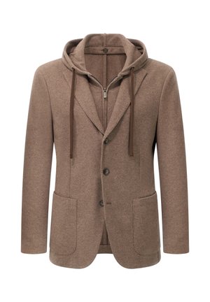 Bruine blazer van een wolmix met een capuchon, voorzien van een ritsluiting, twee frontzakken en vier knopen, die een casual maar gestructureerde uitstraling biedt.