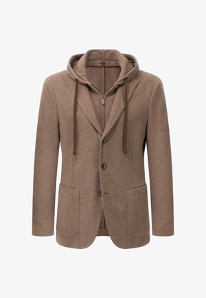 Rjav blazer iz volnene mešanice s kapuco, ima zadrgo, dva sprednja žepa in štiri gumbe, kar ponuja sproščen, a hkrati strukturiran videz.