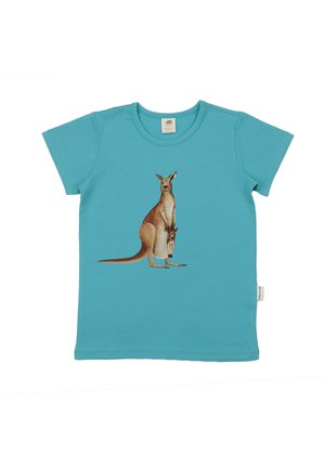 Turquoise short-sleeve shirt featuring a detailed illustration of an adult kangaroo with a joey in its pouch centered on the front.