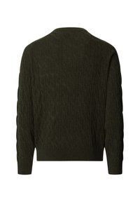 Maglione verde scuro a maglia lavorata a treccia con scollatura rotonda e maniche lunghe, caratterizzato da motivi testurizzati sulla schiena e polsini a coste.