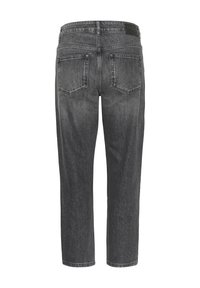 Tmavošedé džíny s rovnými nohavicami zobrazené zozadu, s dvoma veľkými zadnými vreckami a štítkom na páske.