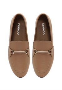 Tan leather loafers with a rounded toe, smooth texture, and metallic hardware accent across the tongue. Logo printed on the insoles.