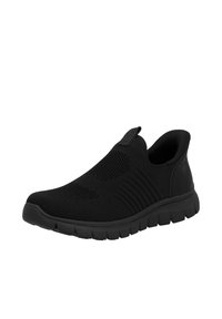 Chaussure de sport noire à enfiler avec une tige en tricot texturé, dotée d'une semelle flexible et d'accents côtelés, conçue pour le confort et la facilité d'enfilage.