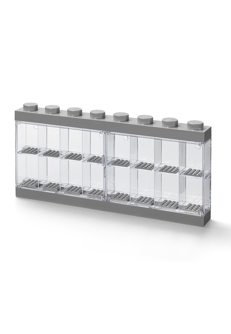 Przezroczysta plastikowa skrzynka do przechowywania z dwoma rzędami ośmiu przegródek, szare krawędzie górne i dolne przypominające kształt klocka LEGO.