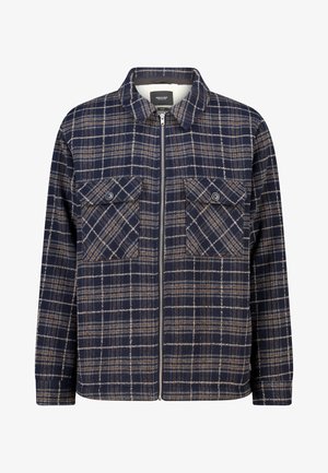 Navy and brown plaid zip-up jacket, featuring two chest pockets, a collared neck, and a textured fabric finish.