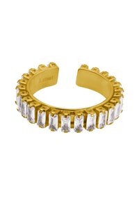 Goldfarbener Armreif mit rechteckigen klaren Steinen, die in einem erhöhten Design eingearbeitet sind, mit einer glatten Innenseite und offenen Enden zur Anpassung.
