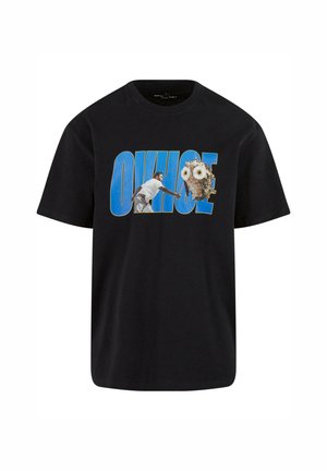 Zwart katoenen T-shirt met een grafisch ontwerp van een vogel en een textuurowl, gekleurd in wit en bruin, met vetgedrukte blauwe letters.