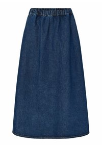 Jupe midi en denim avec une taille élastique, en tissu bleu foncé, de forme A-line, et ourlet avec une finition simple à couture. Pas de poches ni de motifs visibles.