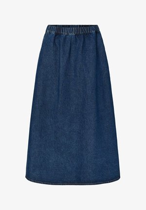 Denim midi-skjørt med elastisk midjebånd, mørkeblått stoff, A-linjeform, og kant med enkel sømfinish. Ingen lommer eller synlige mønstre.