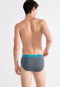 Mannelijke model van achteren gezien, draagt grijze slips met een turquoise tailleband met het merk "sloggi" tegen een plain witte achtergrond.