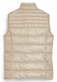 Beżowa pikowana kamizelka bez rękawów z ociepleniem, stojącym kołnierzem, poziomym przeszyciem i gładkim, lekkim materiałem, widziana od tyłu.