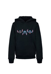 Čierna mikina s kapucňou, na ktorej sú na prednej strane tri postavy z filmu Stitch. Dizajn obsahuje živé farby, slnečné okuliare a hravé výrazy.