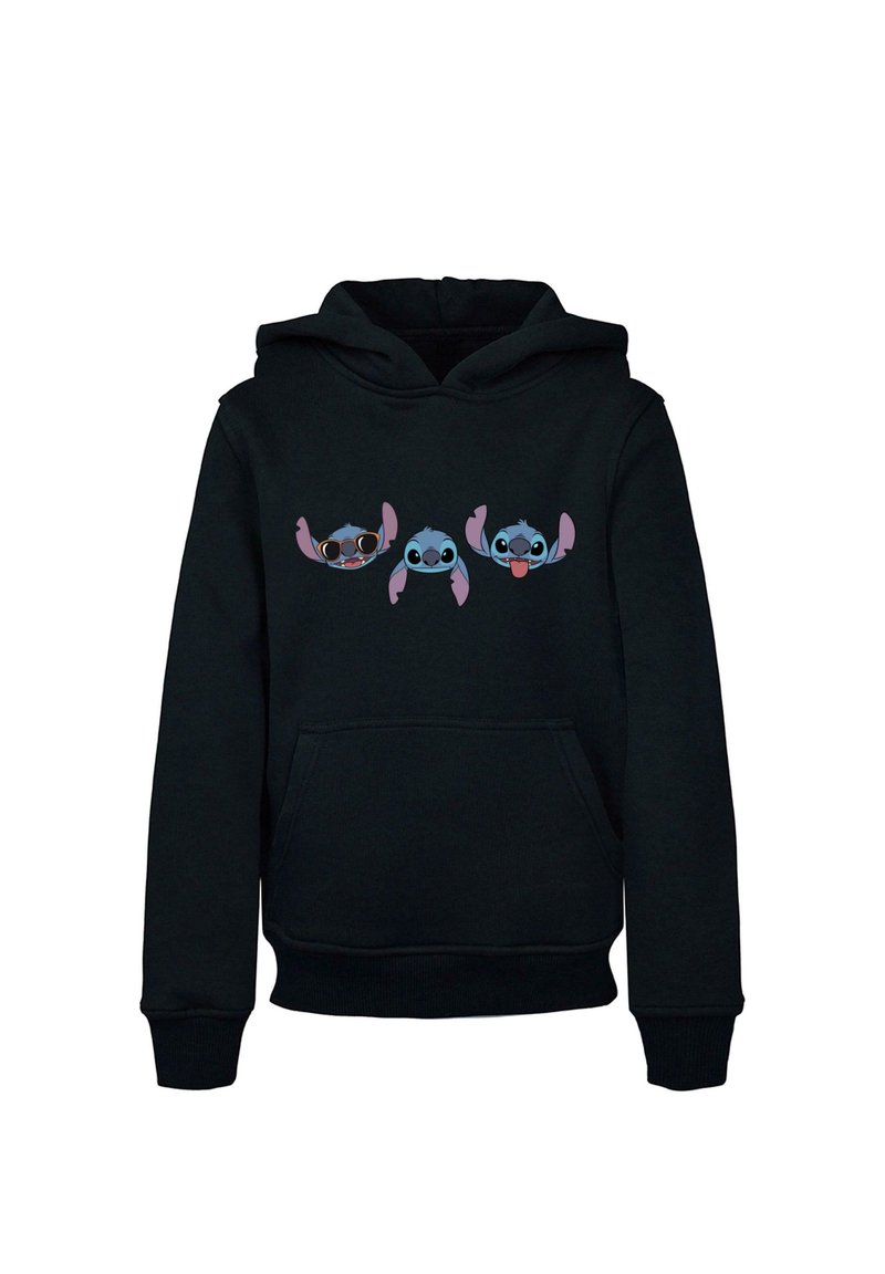 Čierna mikina s kapucňou, na ktorej sú na prednej strane tri postavy z filmu Stitch. Dizajn obsahuje živé farby, slnečné okuliare a hravé výrazy.