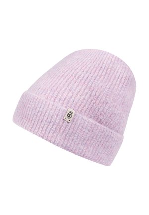 Pink ribbed knitted beanie hat with a folded cuff and a small logo tag on the side. Soft texture, slightly heathered appearance.