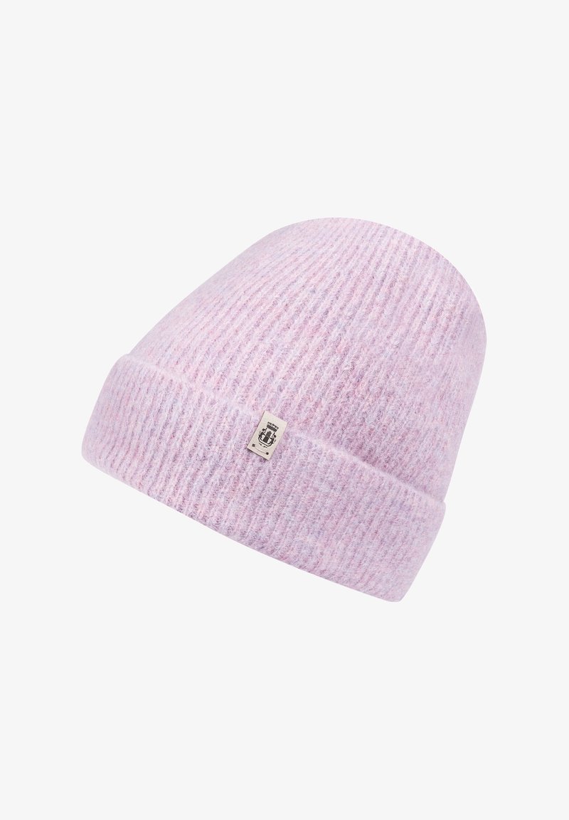 Pink ribbed knitted beanie hat with a folded cuff and a small logo tag on the side. Soft texture, slightly heathered appearance.