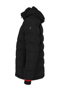 Black padded jacket with a hood, featuring a zip closure, elastic cuffs with red accents, and a logo on the left shoulder.