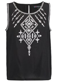 Top noir sans manches avec une broderie blanche complexe présentant des motifs géométriques et floraux. Comprend un détail dos en trou de serrure.