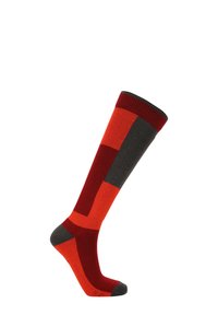 Knästrumpor i en mjuk blandning med block av röd, orange och mörkgrå. Ribbad mudd med kontrasterande häl- och tådetaljer.