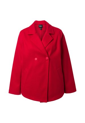 Czerwony wełniany płaszcz dwurzędowy z szerokimi klapami, dwoma guzikami i bocznymi kieszeniami, prezentowany na białym tle.