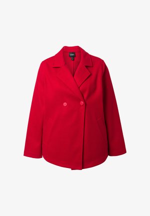 Manteau rouge en laine, double boutonnage, avec larges revers, deux boutons et poches latérales, présenté sur un fond blanc.