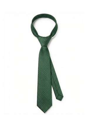Mørkegrønt slips med et lille hvidt diagonalt prikket mønster, forbundet i en knude, lagt fladt på en hvid baggrund.
