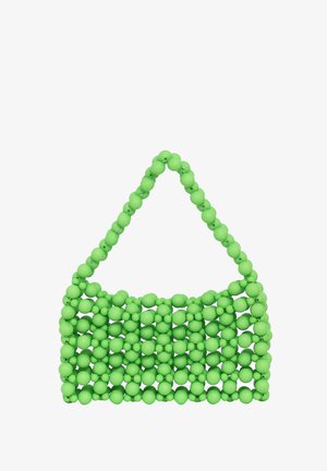 Grøn håndtaske lavet af sammenkoblede kugleperler. Har et struktureret, åbent design med et rundt håndtag. Glat, mat tekstur.
