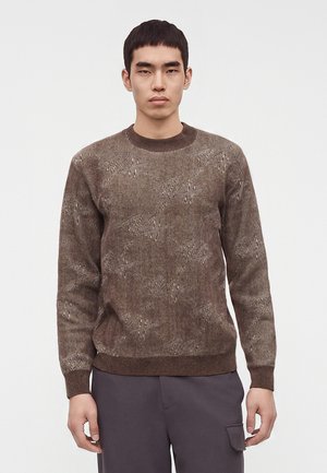 Jeune homme aux cheveux courts et foncés, portant un pull marron à motifs à manches longues et un pantalon foncé avec une poche latérale, sur fond blanc.