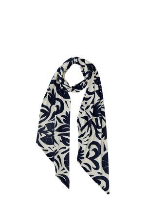 Witte sjaal met gedurfde zwarte bloemen- en abstracte patronen, losgeknoopt met lange uiteinden die naar beneden hangen.